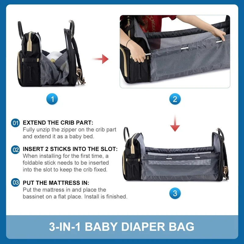 Foldable Baby Crib Diaper Bag with Changing Pad Kids Mummy Backpack USB Interface Baby Care Newborn Nappy Stroller Organizer